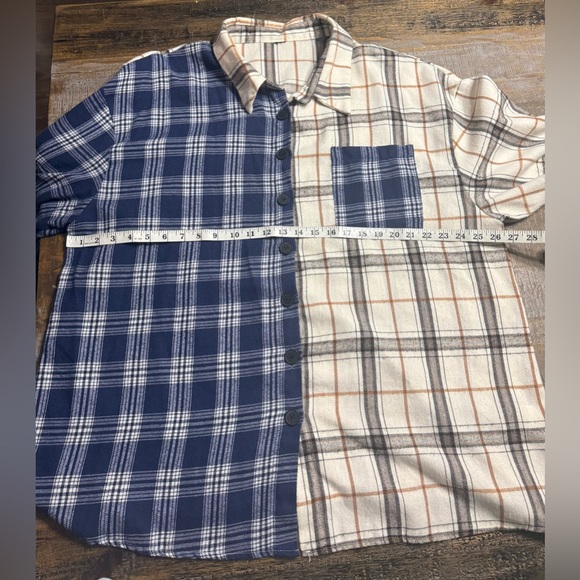 Mixed Plaid Button-Up Shirt in Blue and White - Picture 4 of 7
